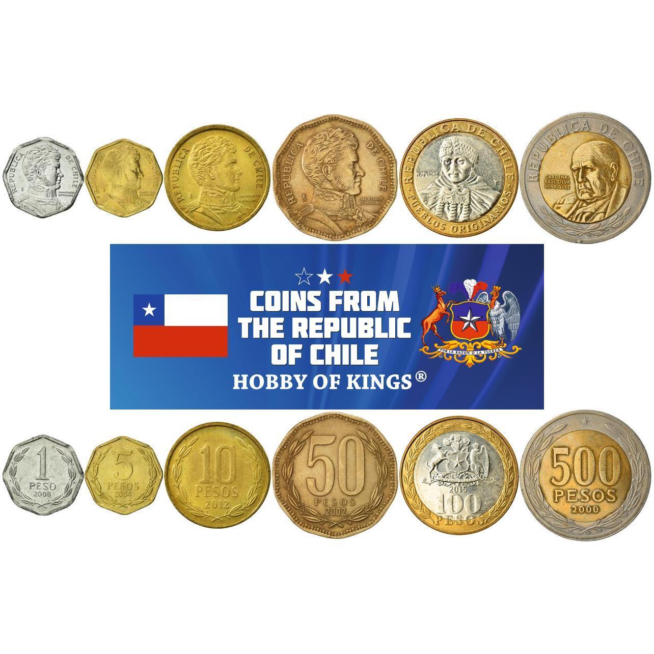 Chile | 6 Coin Set | 1 5 10 50 100 500 Pesos | Bernardo O\'Higgins | 1981 - 2023