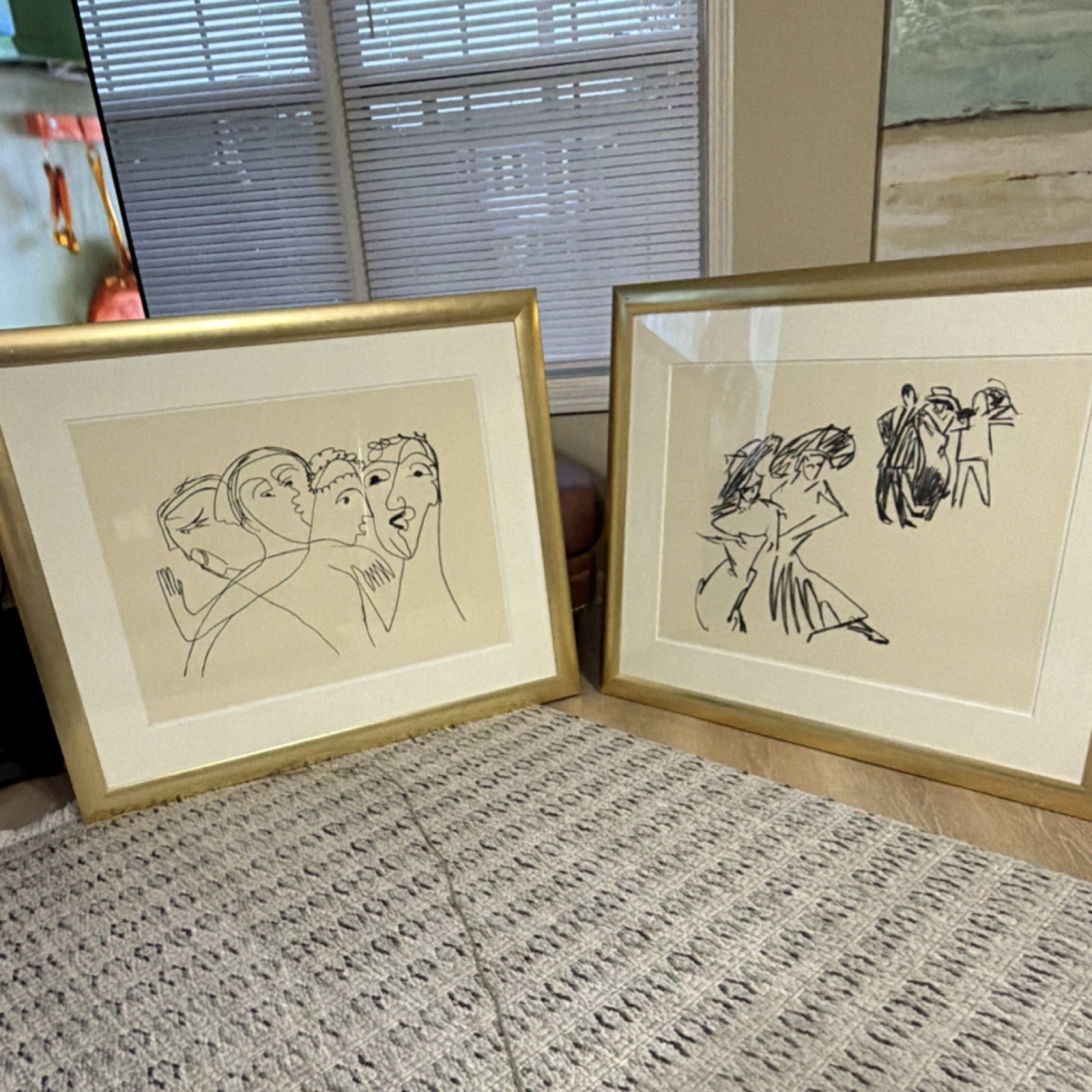 Set of 2 Matted & Framed Minimalist Figurative Line Drawings, Faces