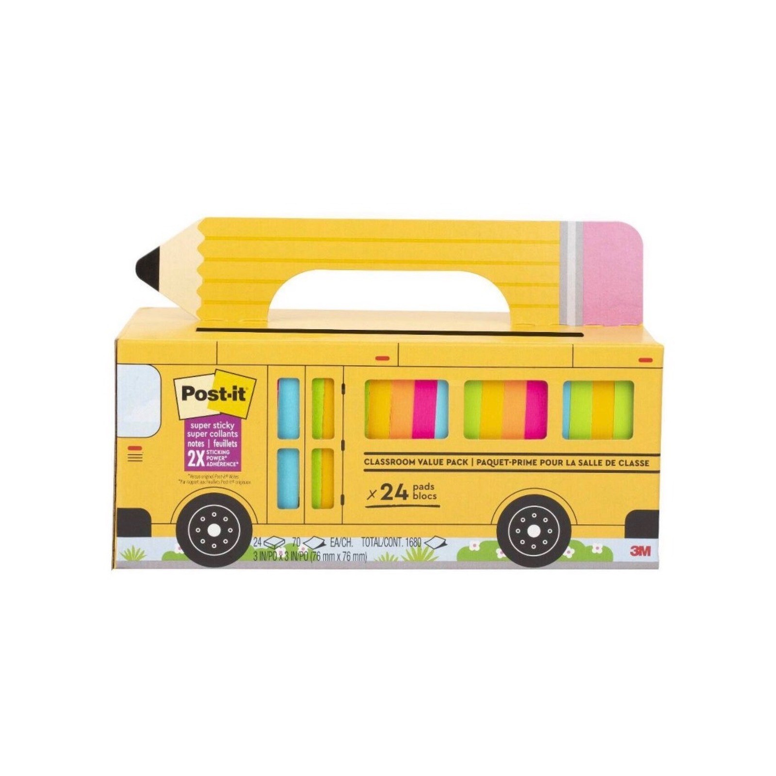 Post-it Super Sticky Notes 24 Pads School Bus Classroom Value Pack 3x3 Brights