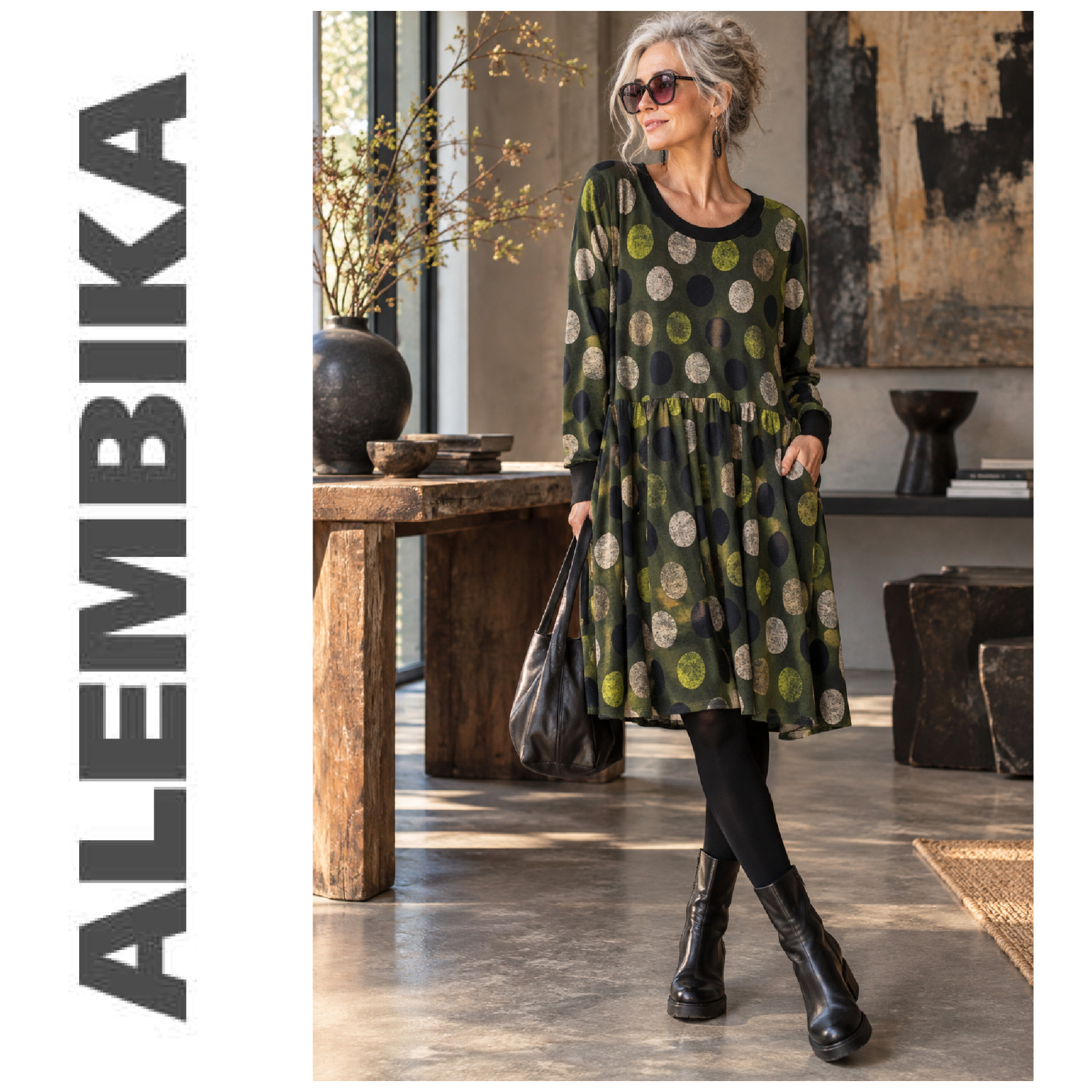 Alembika Sz 2 US 8-10 Green Polka Dot Dress Art to Wear Lagenlook Avant Garde