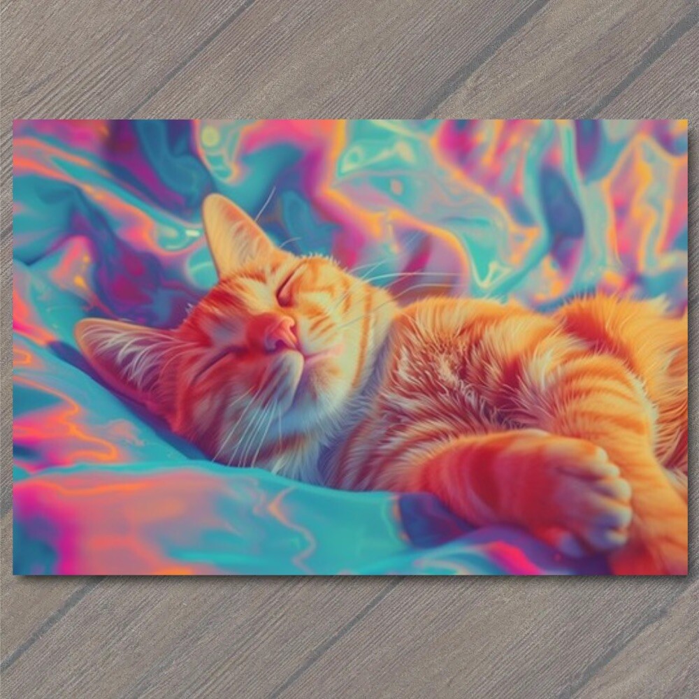 POSTCARD Cat Surrealism Cute Crazy Bright Colors Weird Strange Wild Unusual