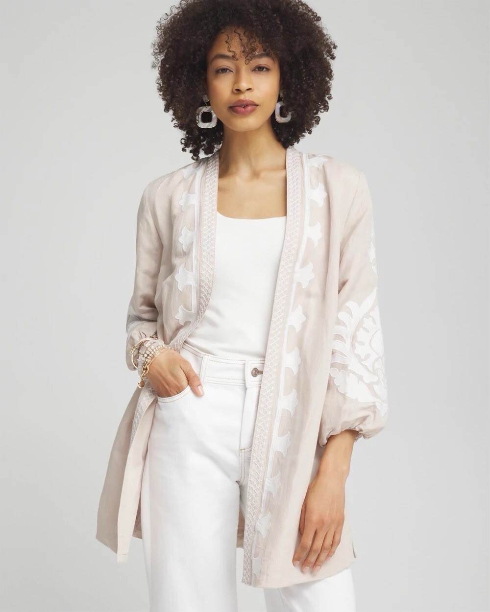 NWOT Chicos Embroidered Linen Blend Topper Size 2.5 / 14 Open Kimono Beige White NWOT Chicos Embroidered Linen Blend Topper Size 2.5 / 14 Open Kimono Beige White