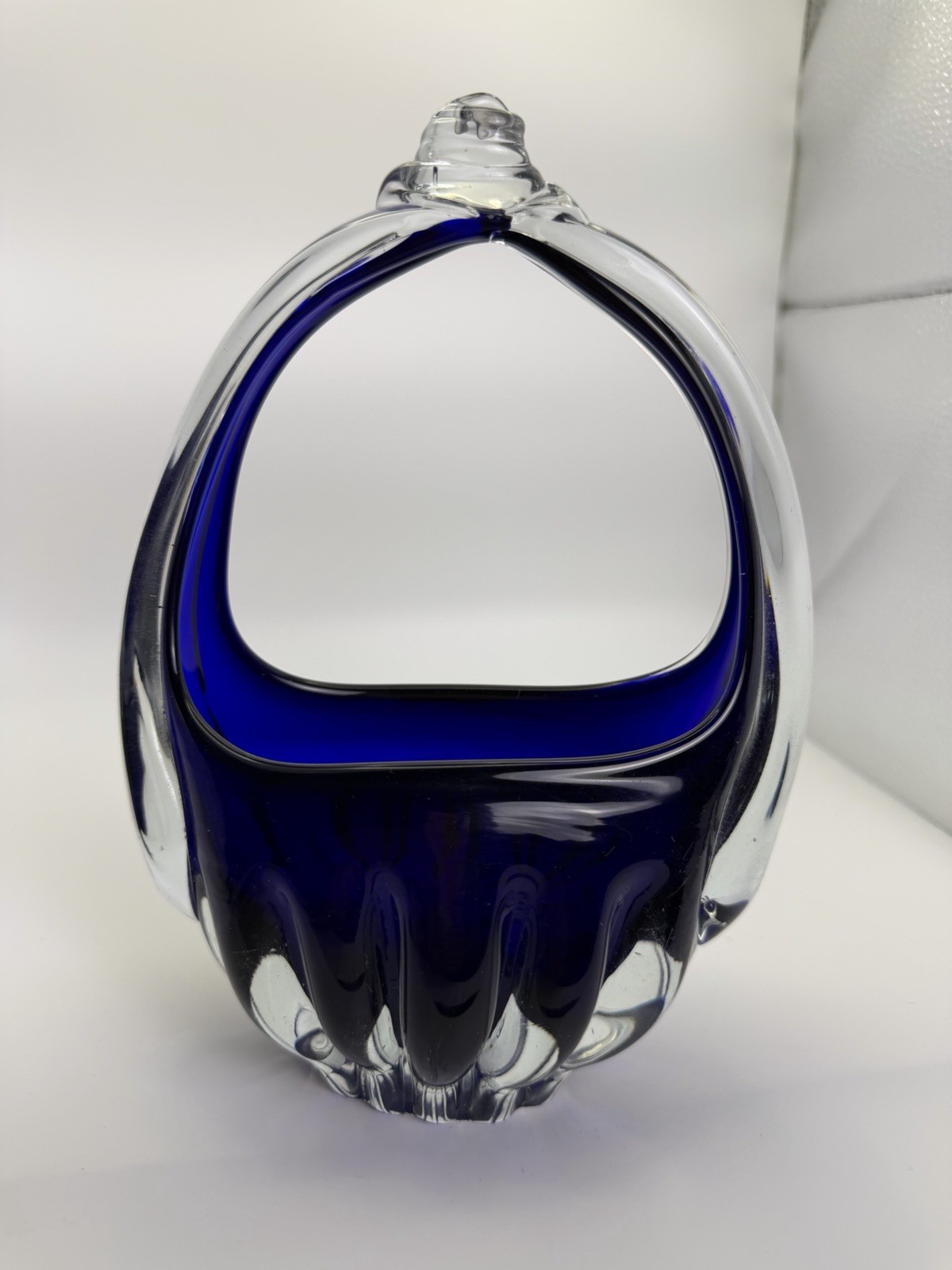 Vintage Cobalt Blue & Clear Hand Blown Art Glass Basket 8.5” Heavy Sculptural