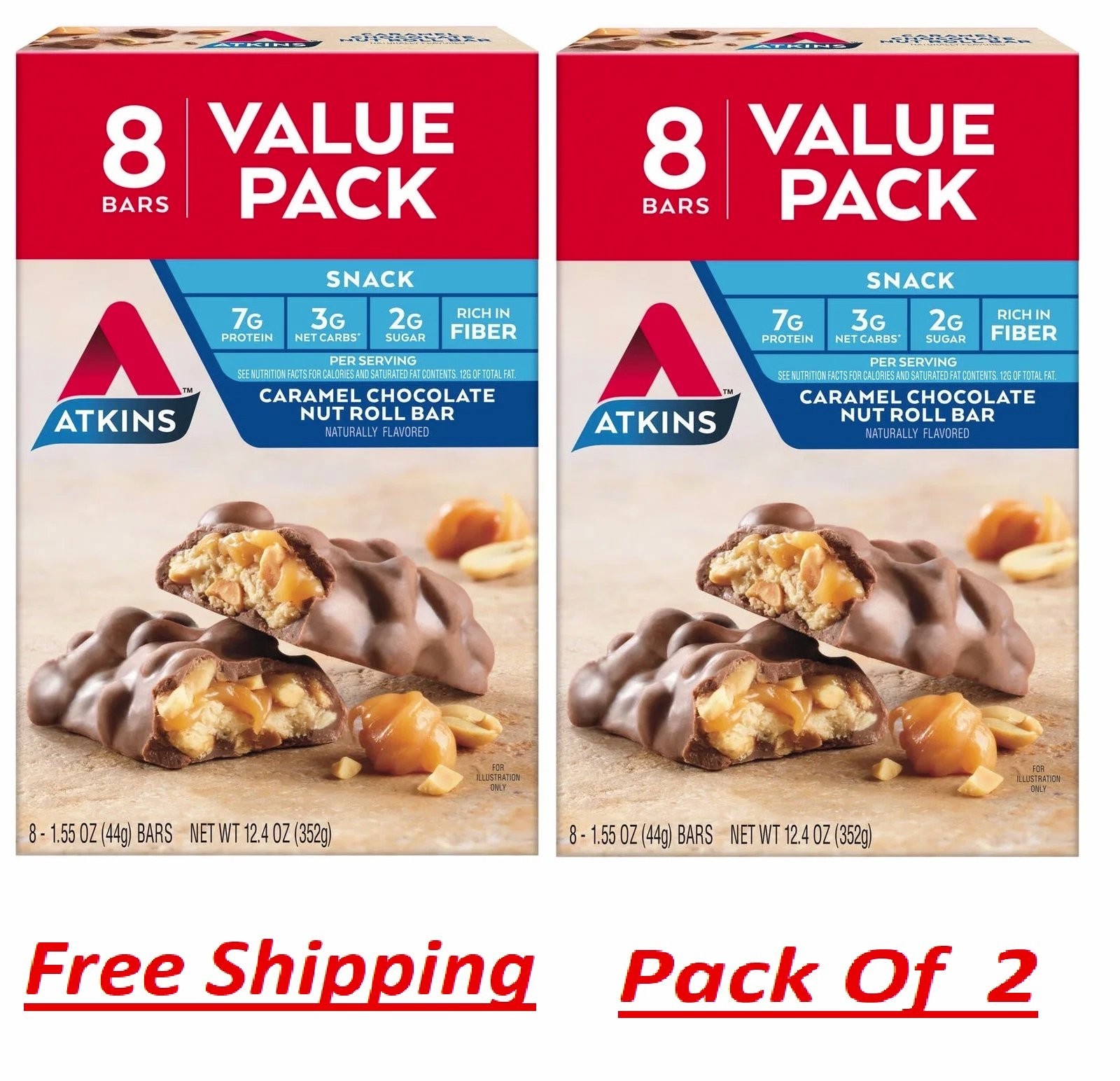 Atkins Snack Bar, Caramel Chocolate Nut Roll, Keto Friendly, 8 Ct (2 Packs)