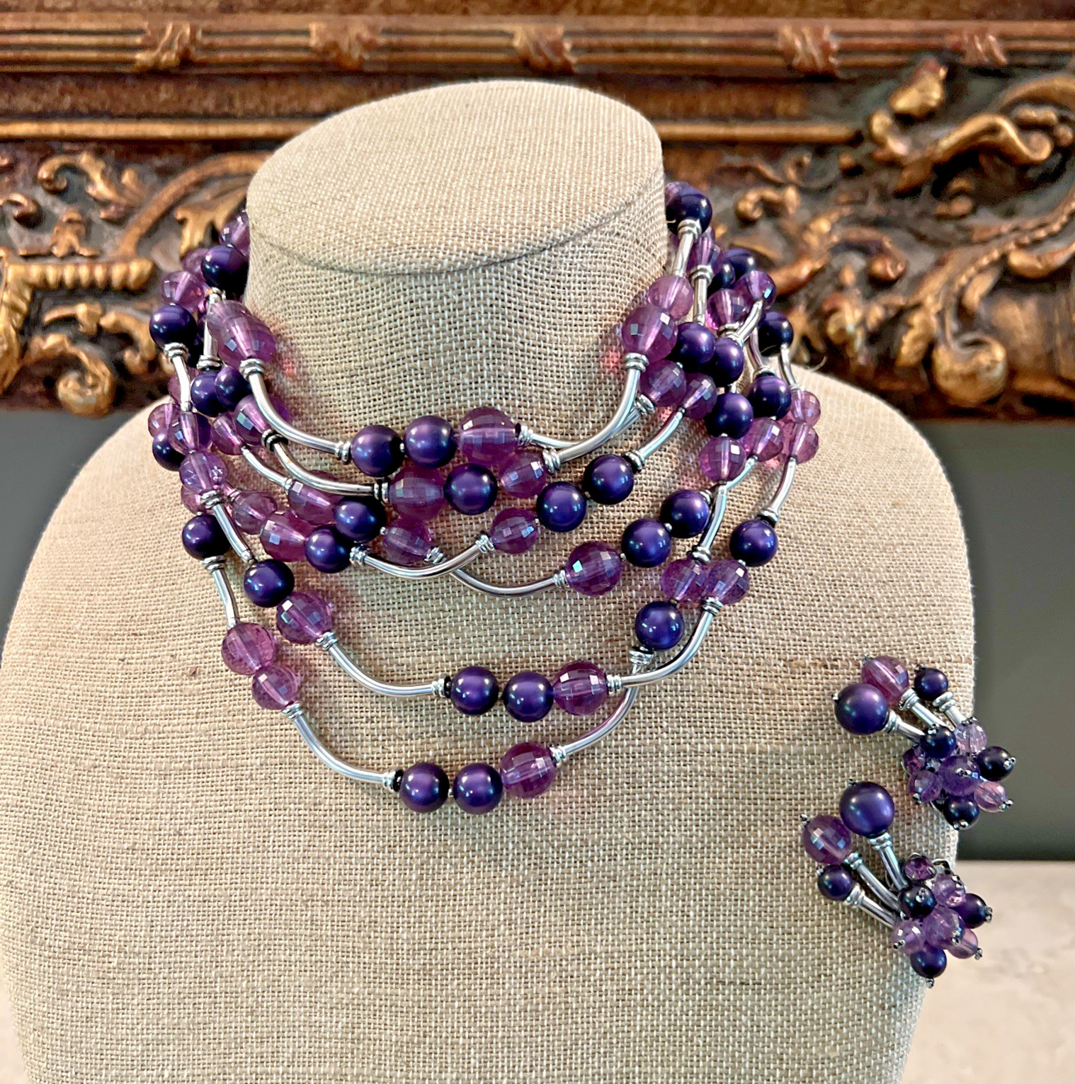 Vintage SIGNED DeMARIO NECKLACE & EARRING SET AMETHYST & SILVER BEAD