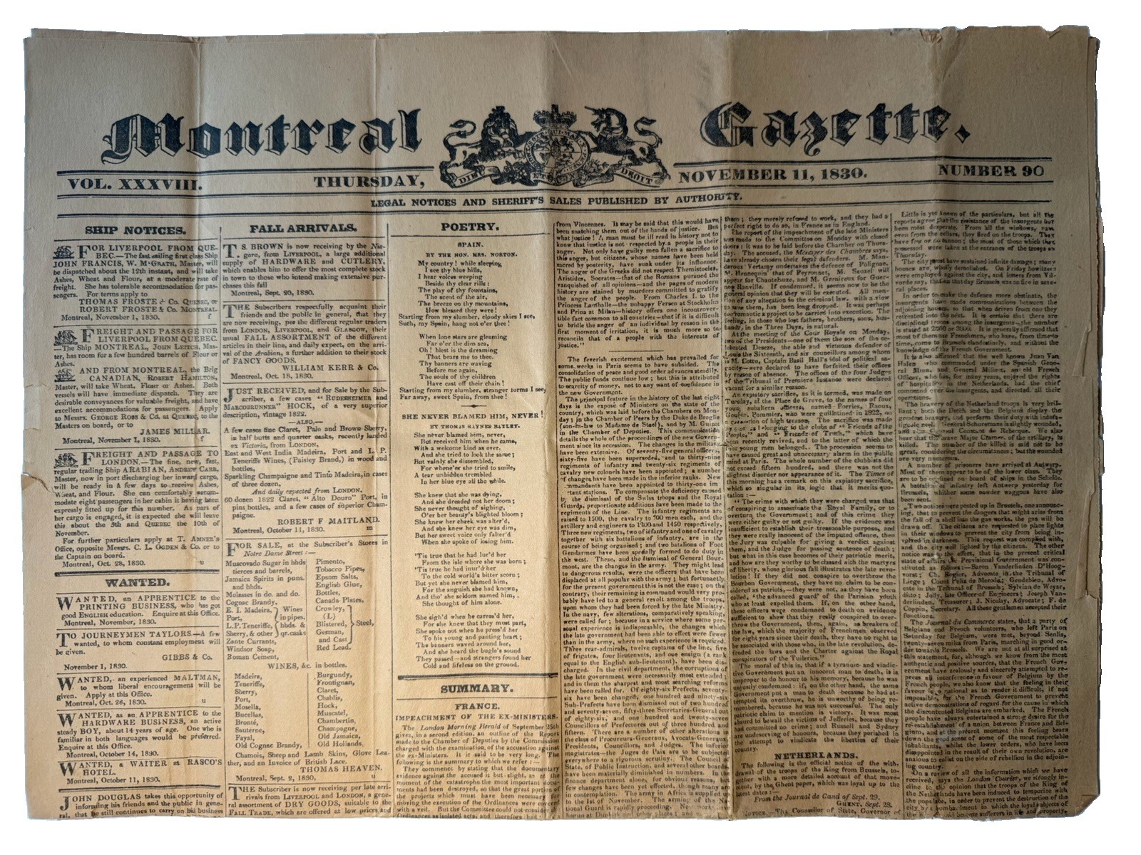 1830 Montreal Gazette Original Antique Newspaper Canada November 11 History
