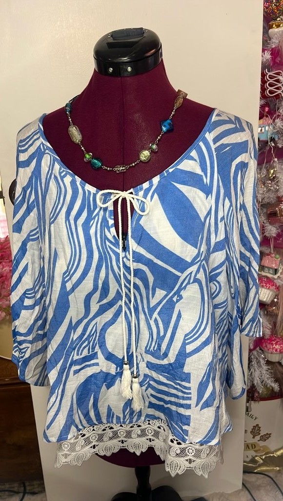 Unique Spectrum Blouse Women Medium Blue White Good Lace Trim Tassel Boho