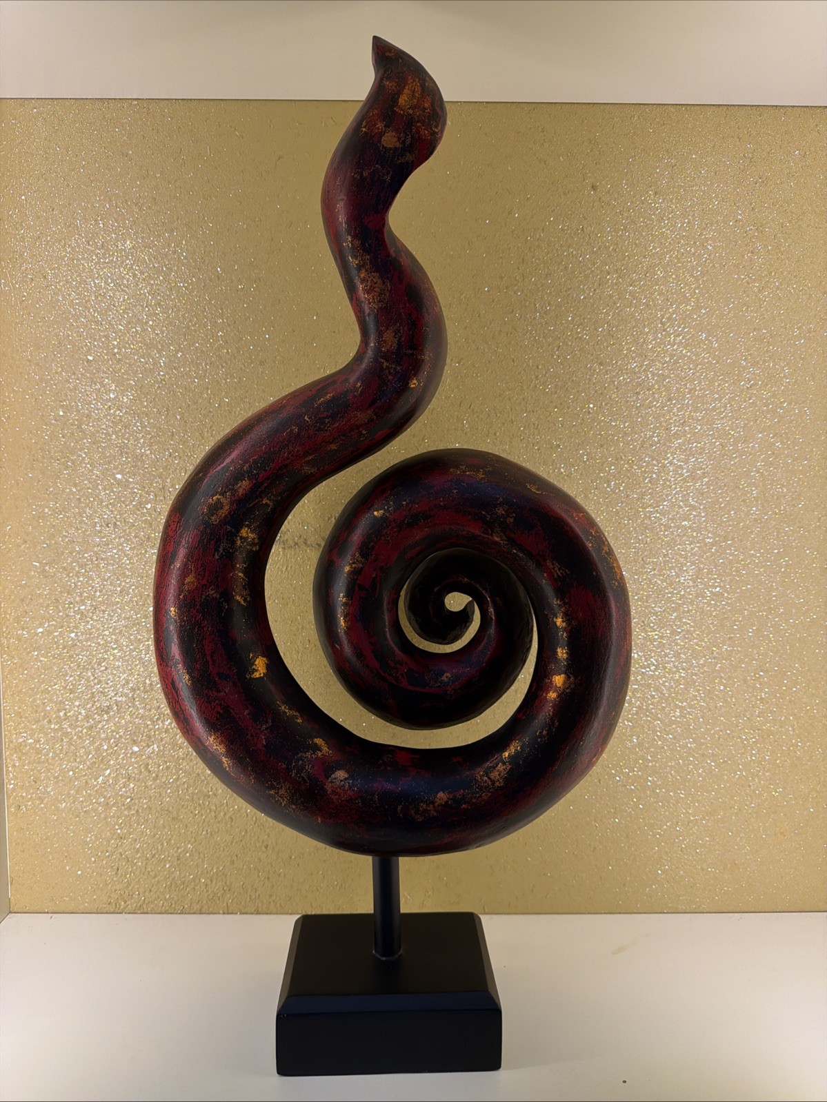 Pier 1 Albasia Wood Spiral Structure Sculpture Red Gold Flame Abstract 26.5\
