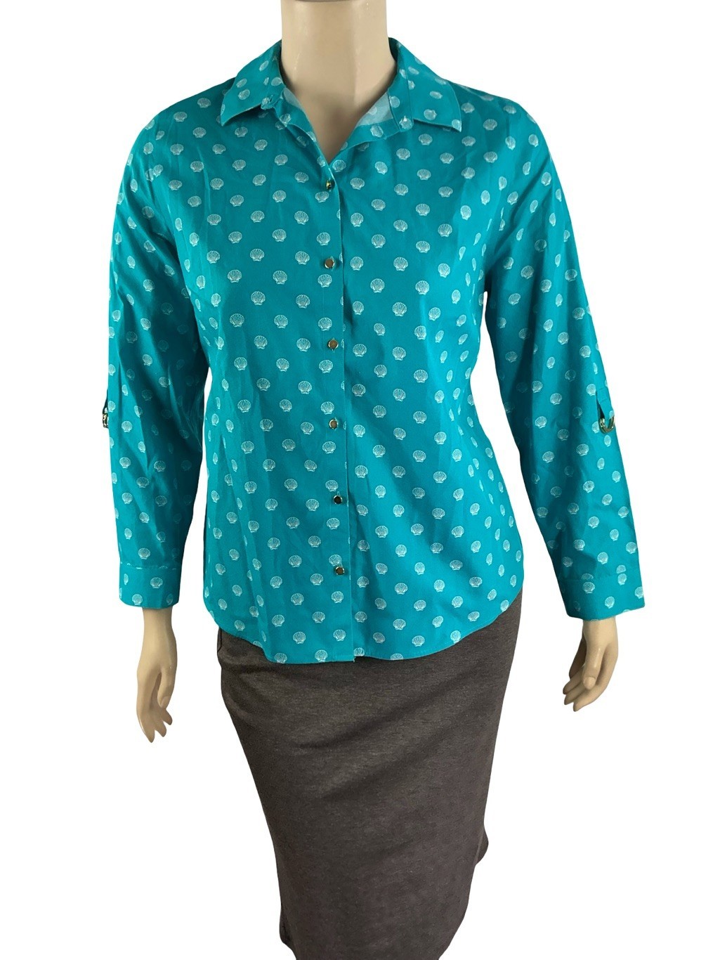 Chico\'s No-Iron Shell Print Button Down Resort Shirt Blue Size L Vacation Top