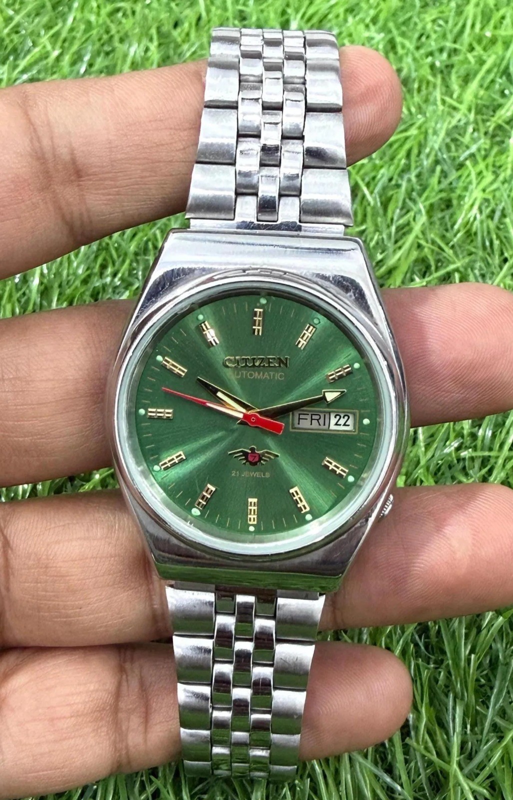 Vintage Citizen Automatic Men's Watch Refurbished Japanese Steel Day-Date Green