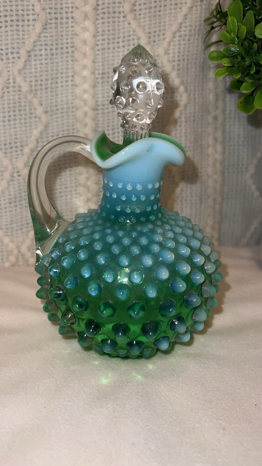 Fenton Opalescent Lime Hobnail Cruet. RARE #3863 1952-1955, MINT CONDITION