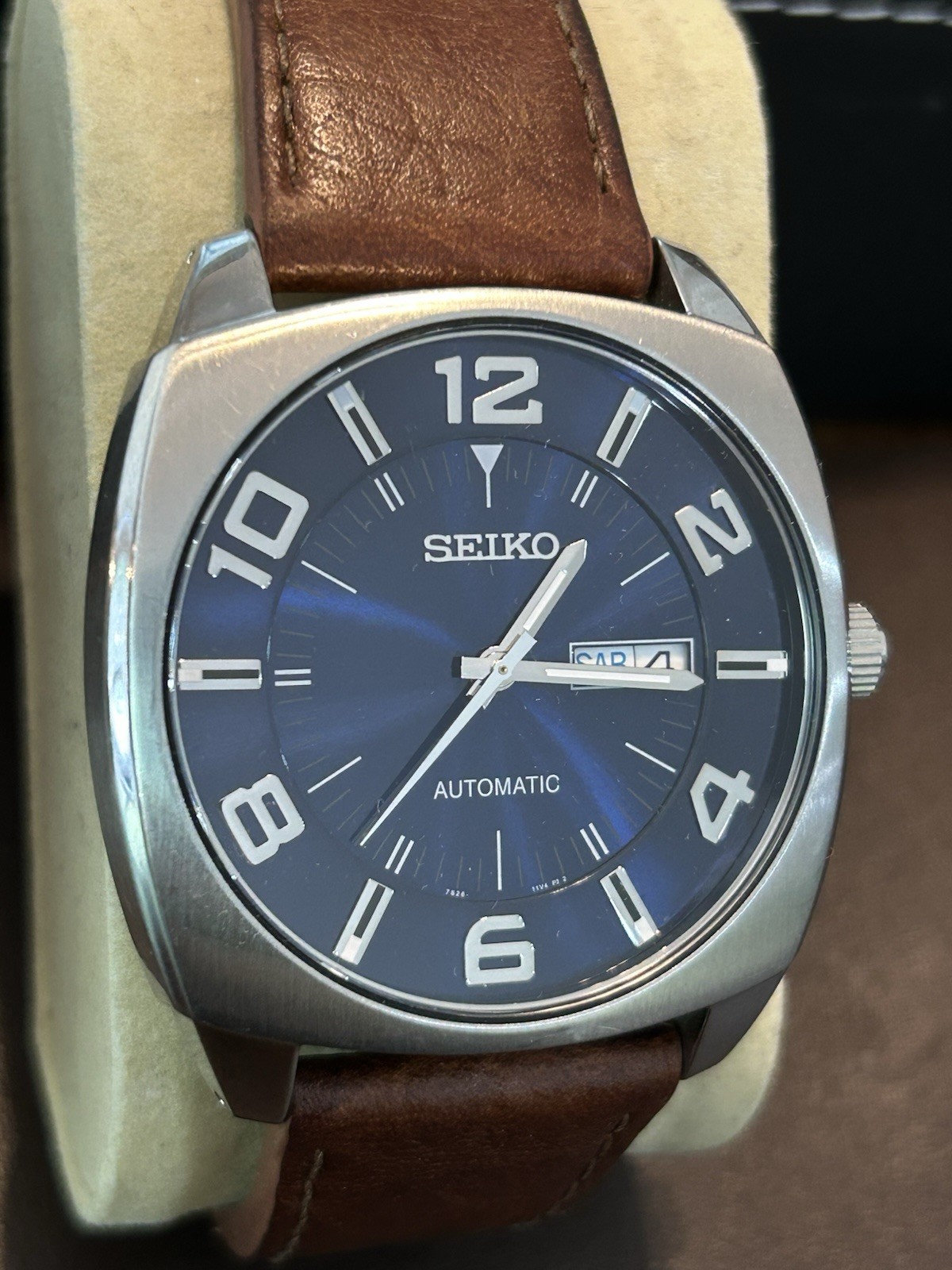 SEIKO Recraft Men's SNKN37 Blue Dial Automatic Day Date Leather Strap Runs Great