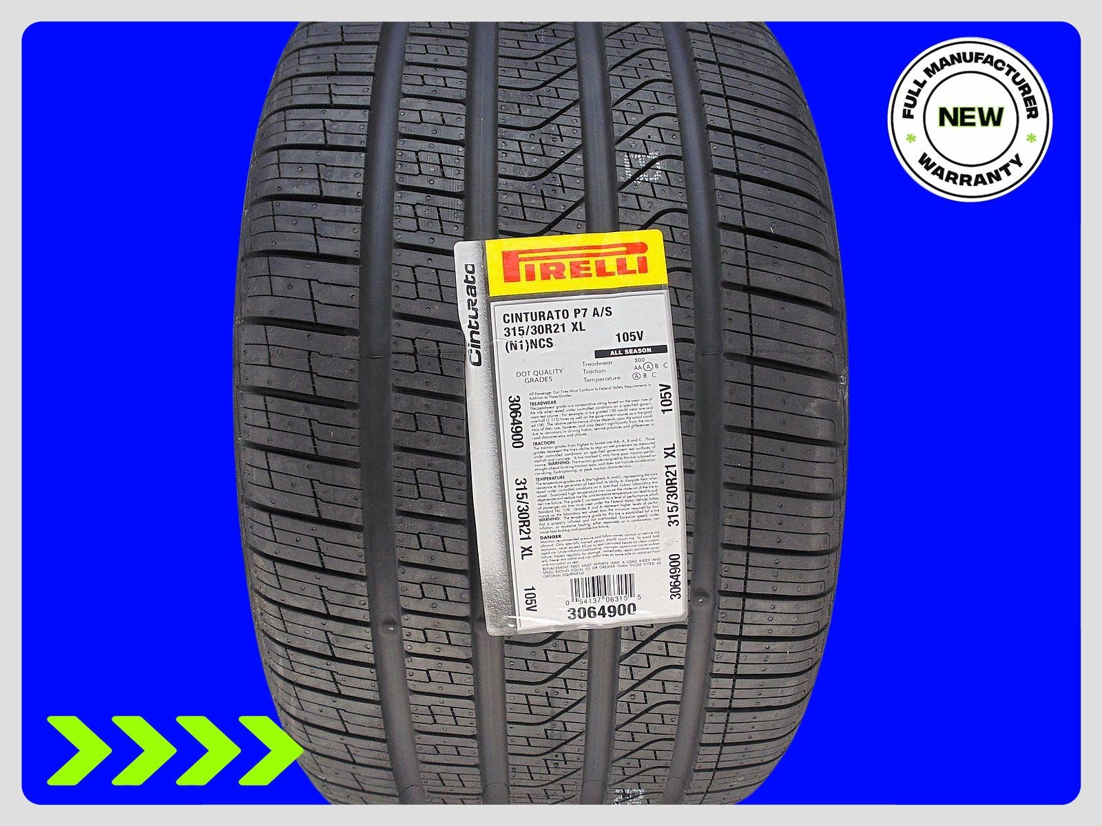 1 Brand New 315/30R21 Pirelli Cinturato P7 A/S N1 PNCS XL Tire Porsche 3153021