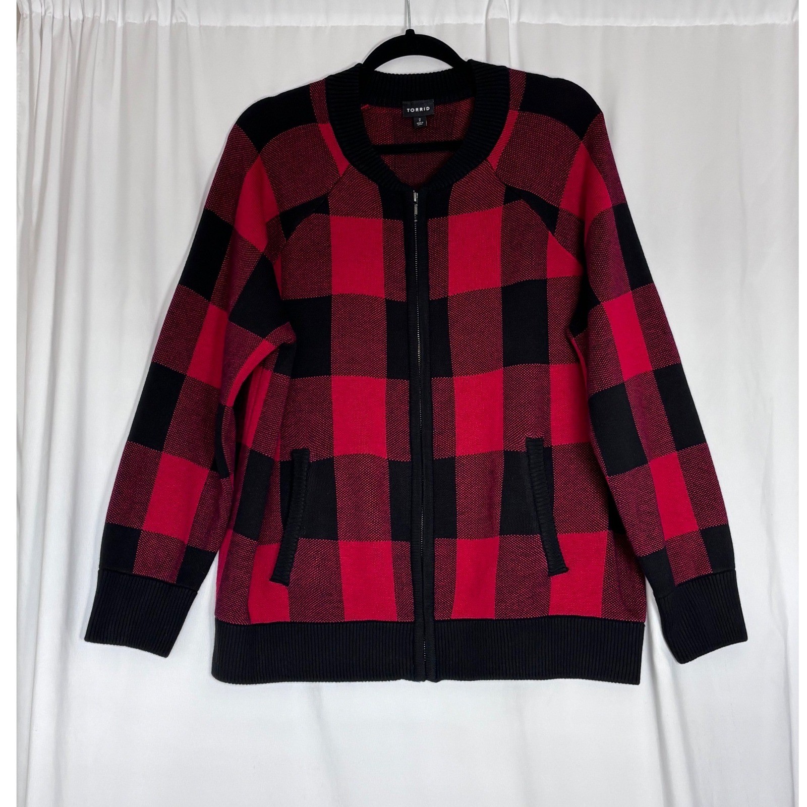 Torrid Red Black Buffalo Plaid Zip Front Cardigan Sweater Bomber Jacket Size 2