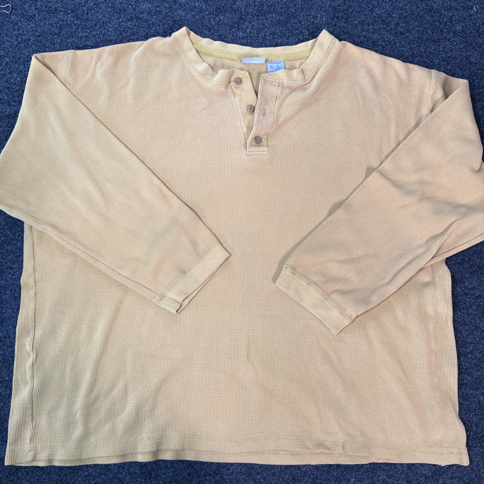 Vintage Y2K North West Blue Thermal Henley Mens XL Mustard Waffle Knit Shirt