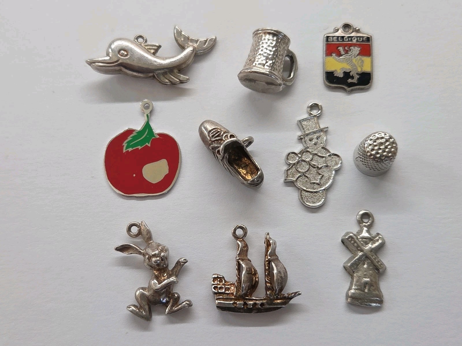 Sterling Silver ~ Lot Of 10 Vintage Charms ~ Shoe, Ship, Rabbit, Tankard, Apple
