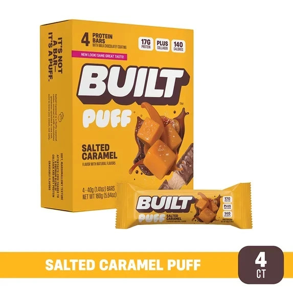 BUILT Puff Protein Bar, Salted Caramel, 17g Protein,140 Calories, 4 Ct box