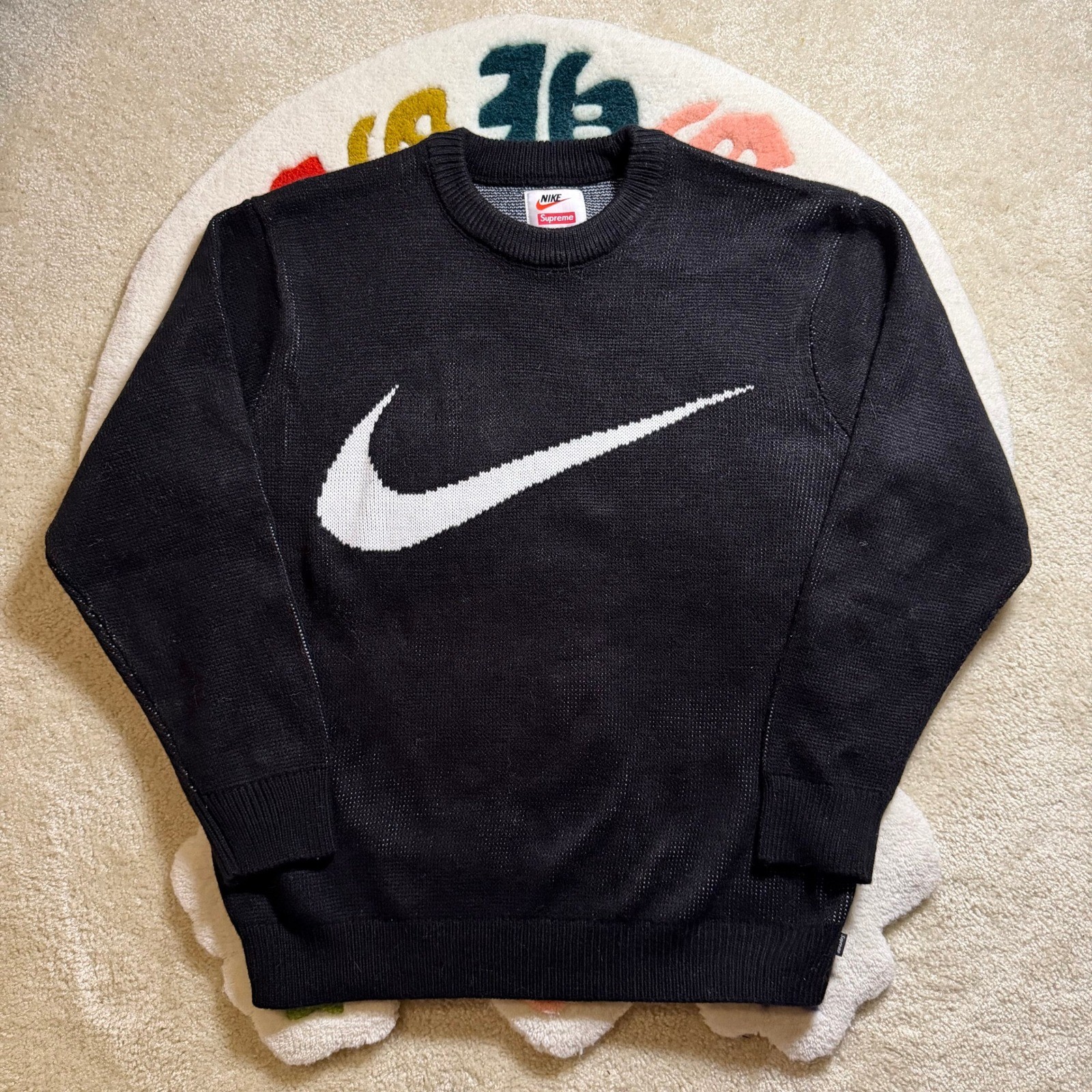 Supreme Nike Swoosh SS19 Knit Crewneck Big Logo Sweater Black XL Supreme Nike Swoosh SS19 Knit Crewneck Big Logo Sweater Black XL