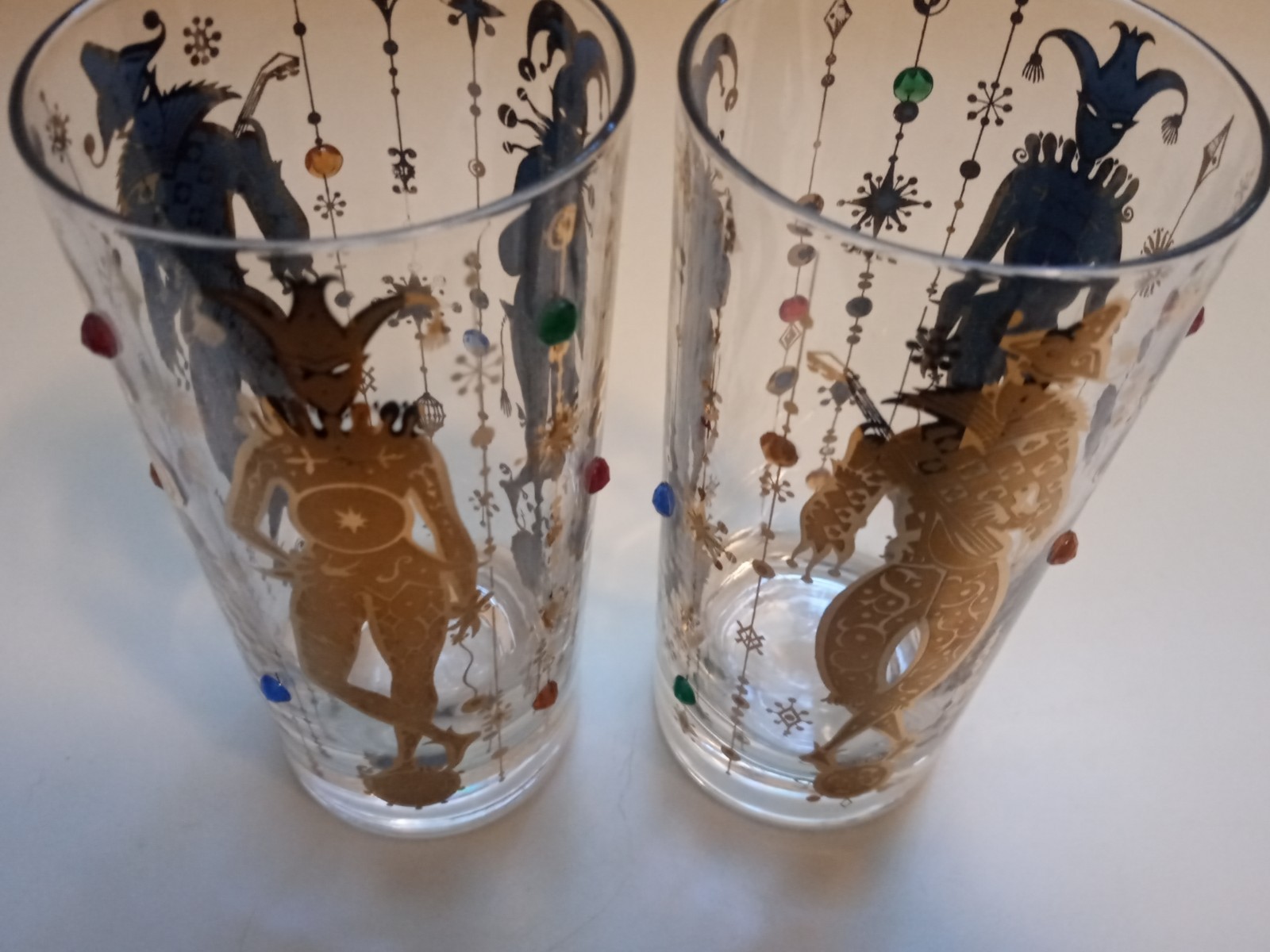 2 VINTAGE /MCM CULVER HARLEQUIN /JESTER MARDI GRAS  DESIGN- HIGHBALL GLASSES