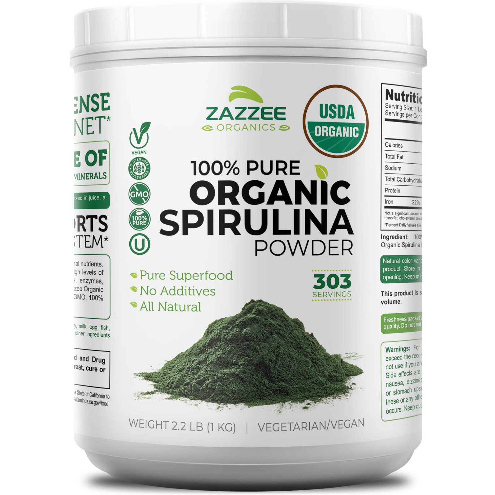 Zazzee USDA Organic Spirulina Powder, 2.2 Pounds (1 KG), 303 Servings, Kosher