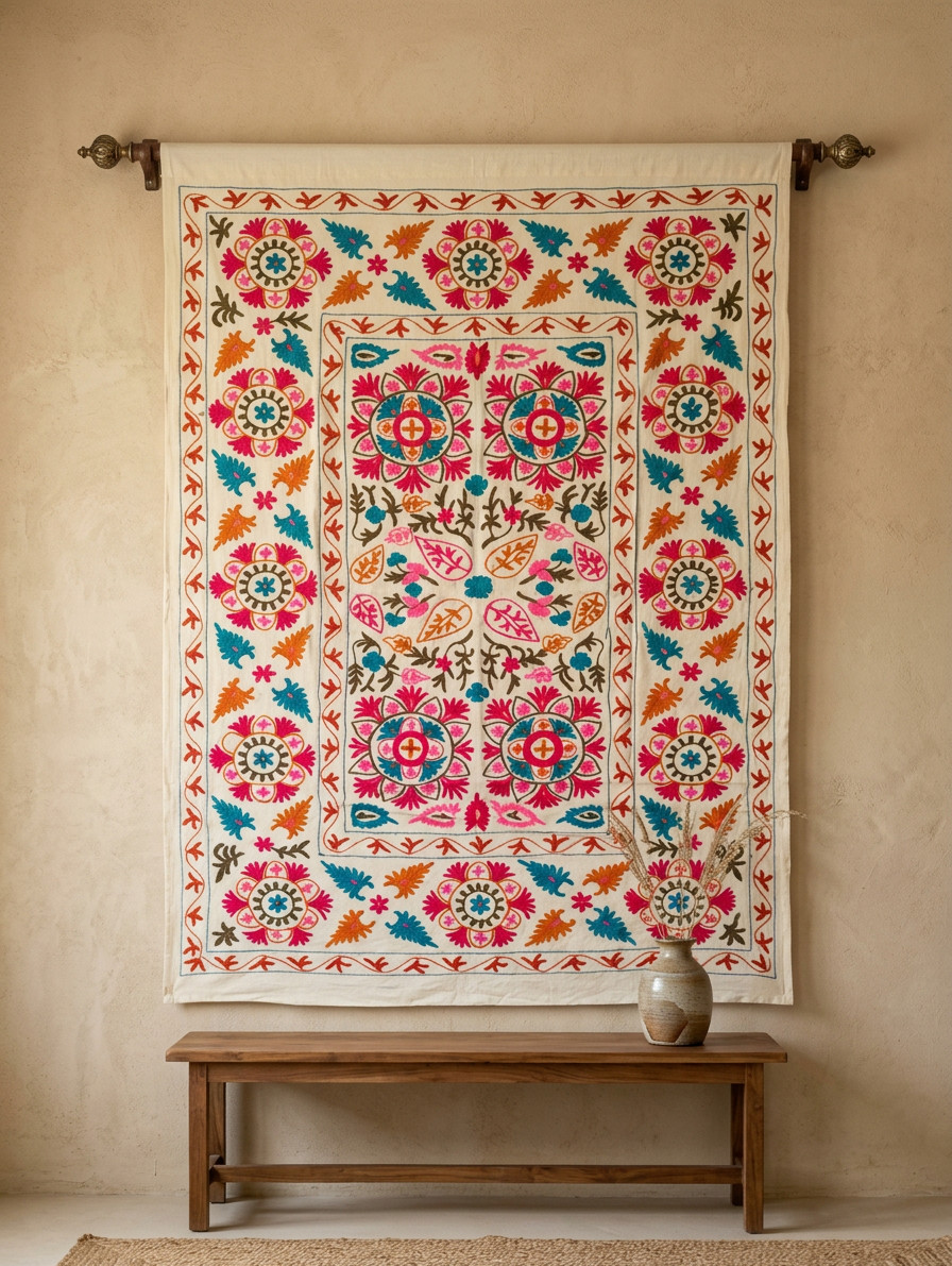 Uzbek Suzani Style Wall Hanging Hand Embroidered Folk Art Textile ~ Handmade