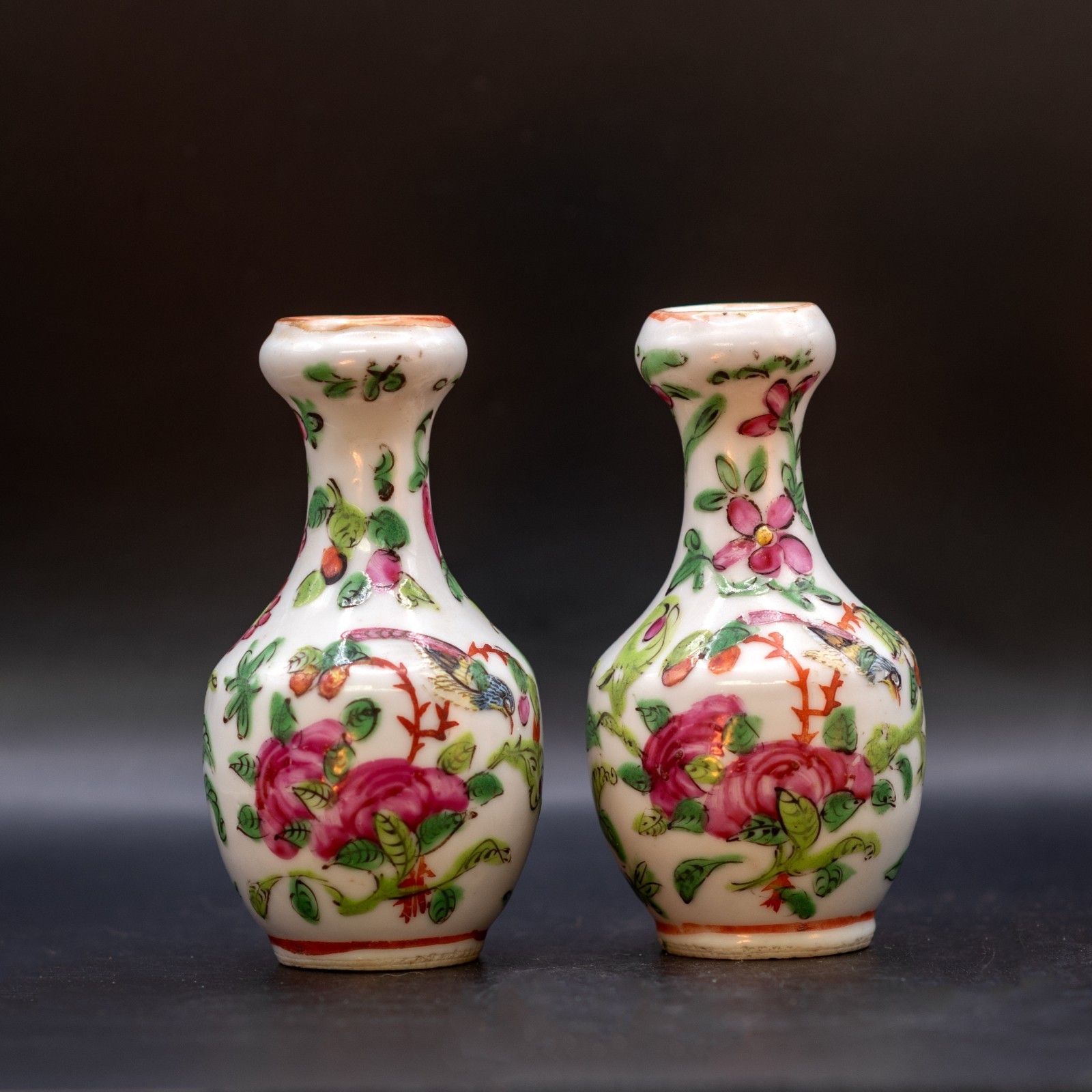 Pair of Antique 19th C. Miniature Famille Rose Canton Chinese Export Bud Vases Pair of Antique 19th C. Miniature Famille Rose Canton Chinese Export Bud Vases
