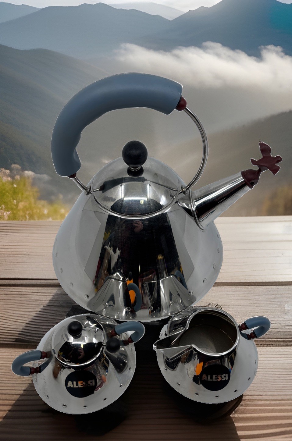 Alessi Michael Graves Tea Kettle Creamer Sugar Bowl Set Blue Handle W/Bird ITALY