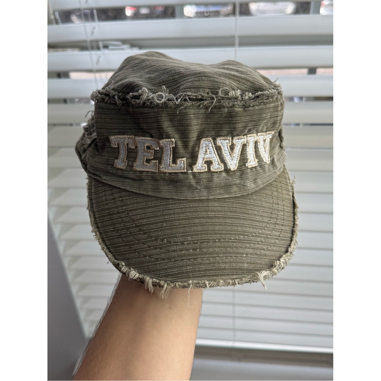 Vintage Tel Aviv Israel Distressed Military Cadet Cap Olive Green Hebrew Tag