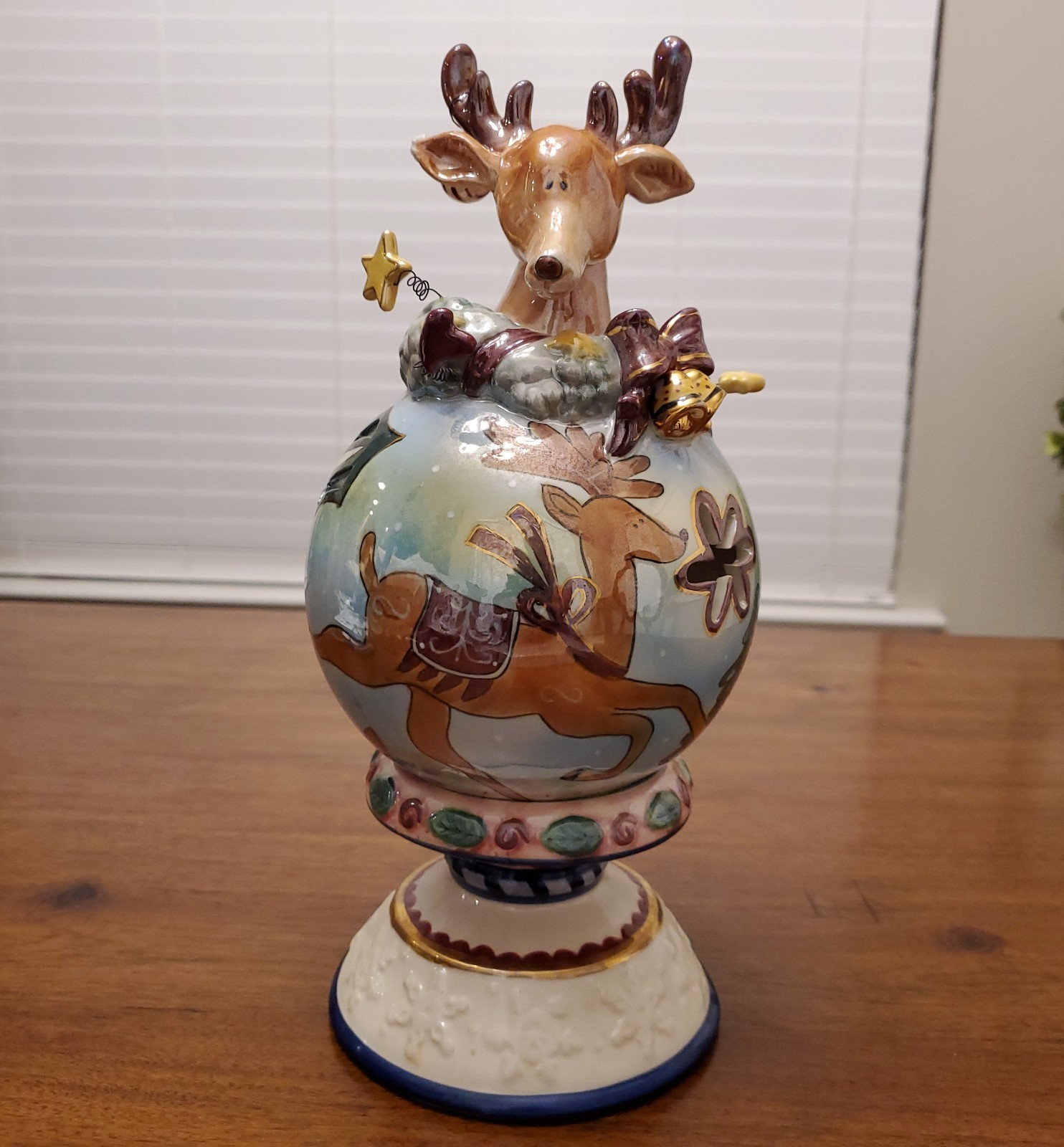 Blue Sky Vintage Christmas Reindeer Tealight Holder w/Pillar Base, Lusterware Blue Sky Vintage Christmas Reindeer Tealight Holder w/Pillar Base, Lusterware