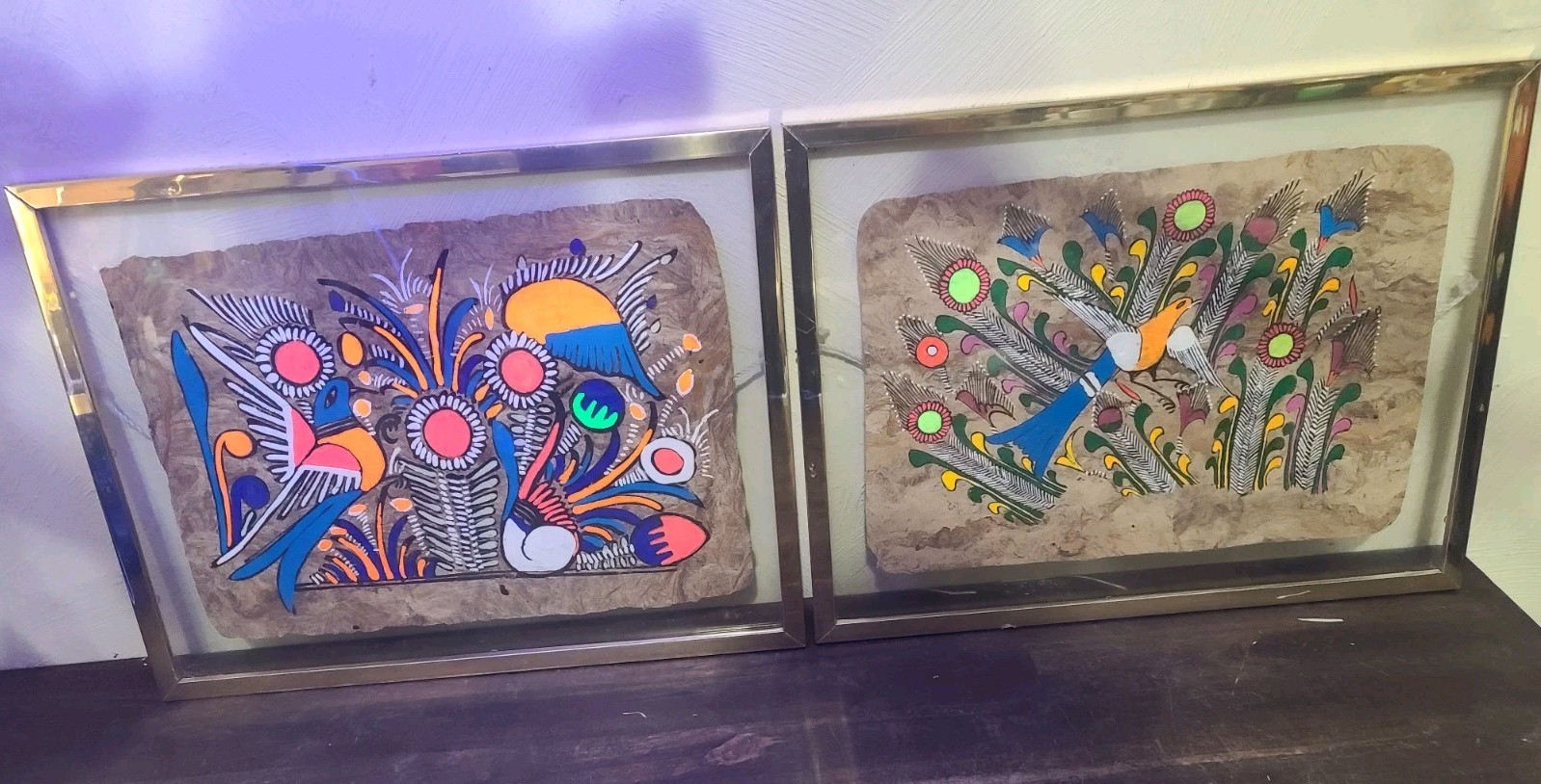 VTG Amate Bark Painting Mexico Folk Art Black Light X 2 Hidden Birds Painting