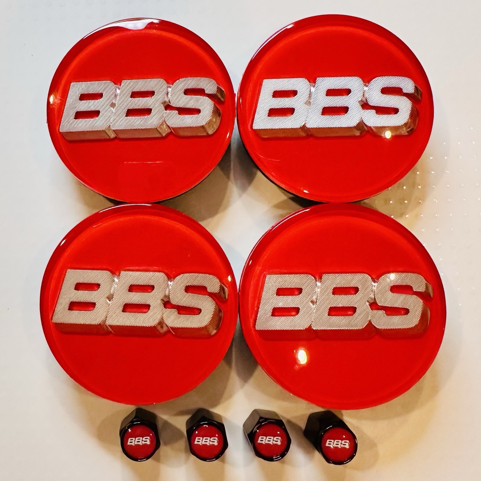 4pc 3D Platinum Red BBS 56mm Center Caps 56.24.012 & 4pc Black Valve Caps