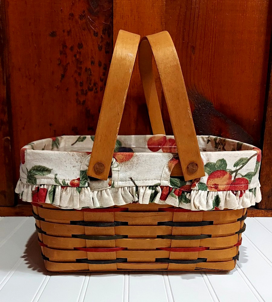 Vintage 1998 Longaberger 12x12 Pie Basket Swing Handles Fruit Liner Wood Riser