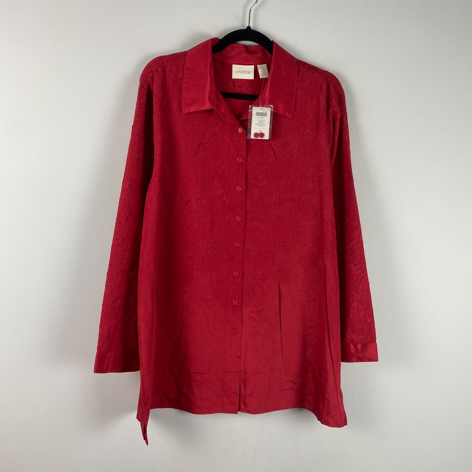 Chicos Crinkle Crush Button Up Tunic Shirt Size 3 US XL Red Collared Long Sleeve