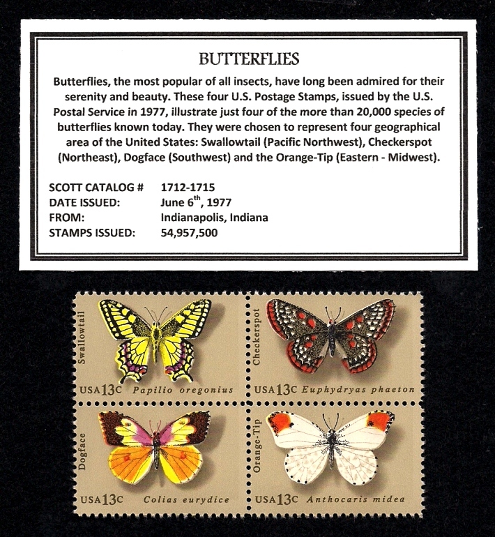 1977 - BUTTERFLIES - Mint NH (MNH) Block of Four Vintage U.S. Postage Stamps