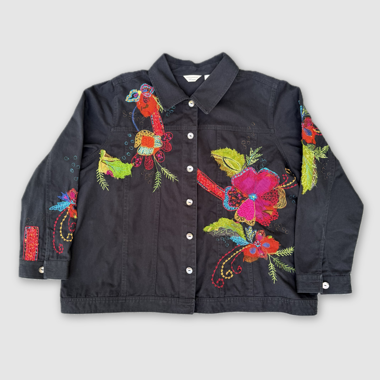 Laura Ashley 2X Black Cotton Floral Embroidered Art to Wear Boho Jacket