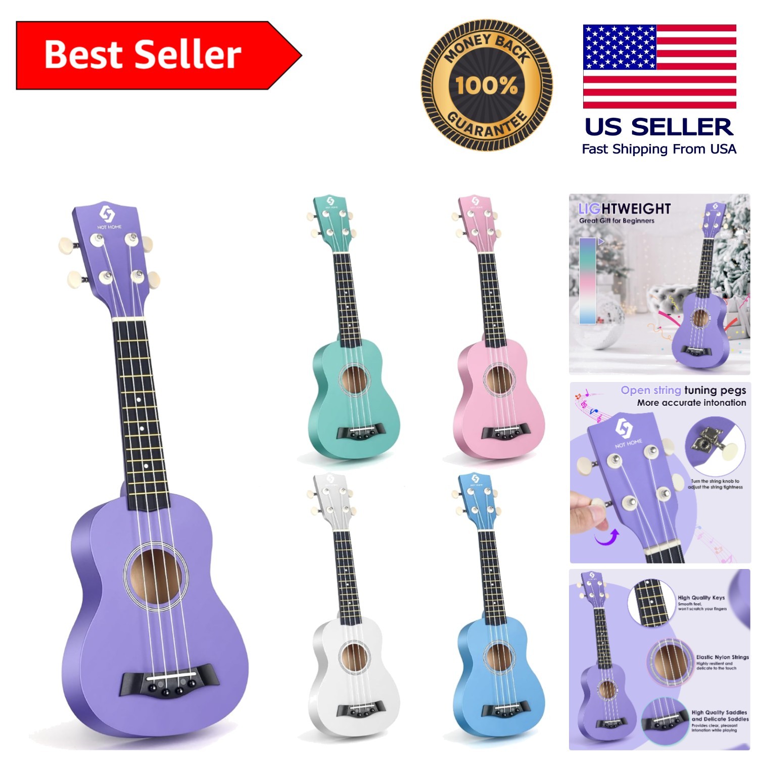 Beginner-Friendly 21-Inch Purple Soprano Ukulele - Lightweight & Portable