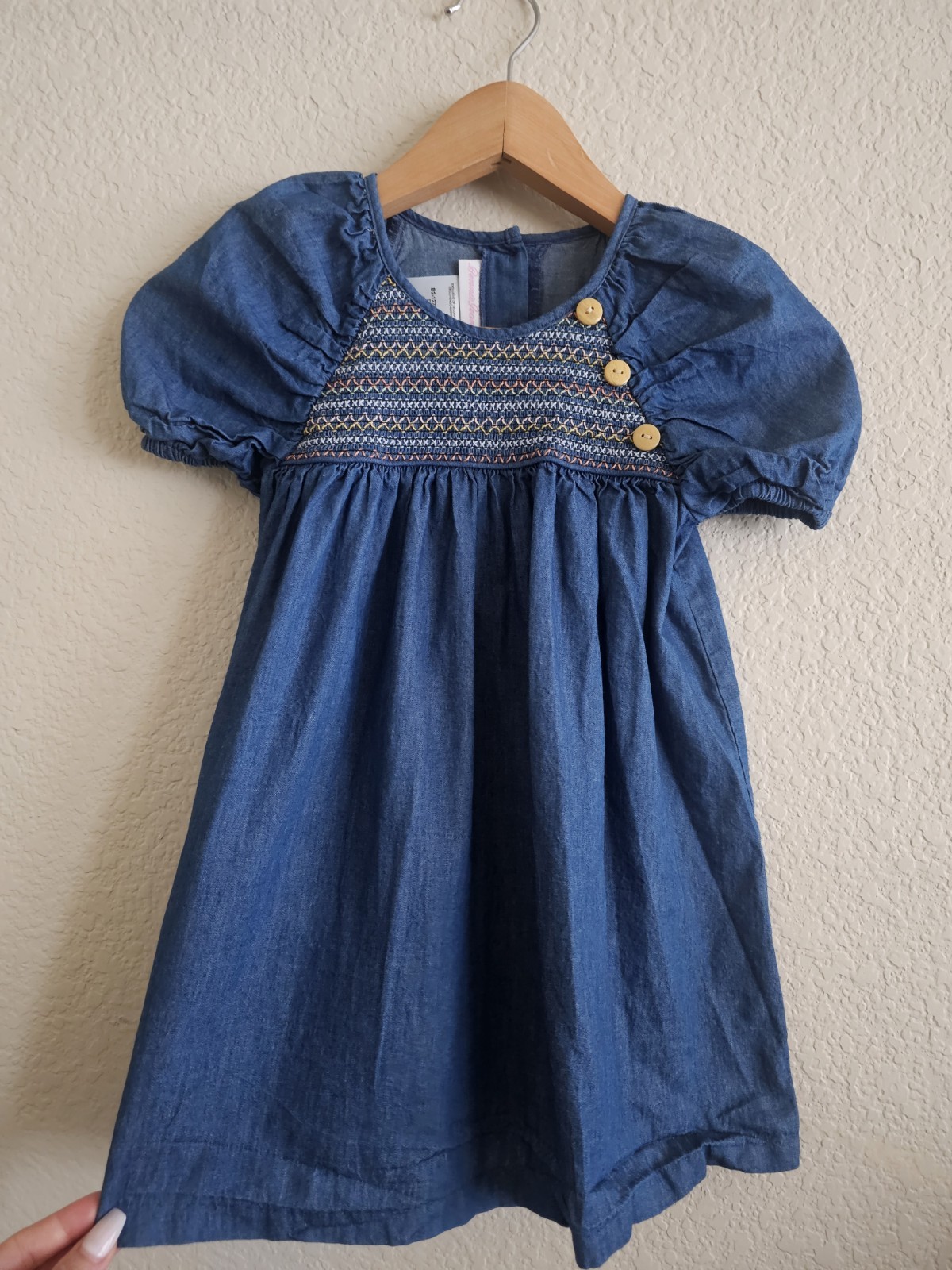 Bonnie Jean Girls Denim Dress 4T Smocked Embroidered Side Button Toddler EUC