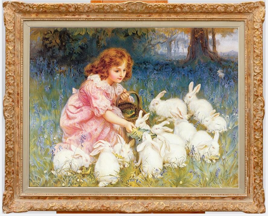 Hand Painted Oil Painting Cute Little Girl Feeding White Rabbits Forest Bluebell
