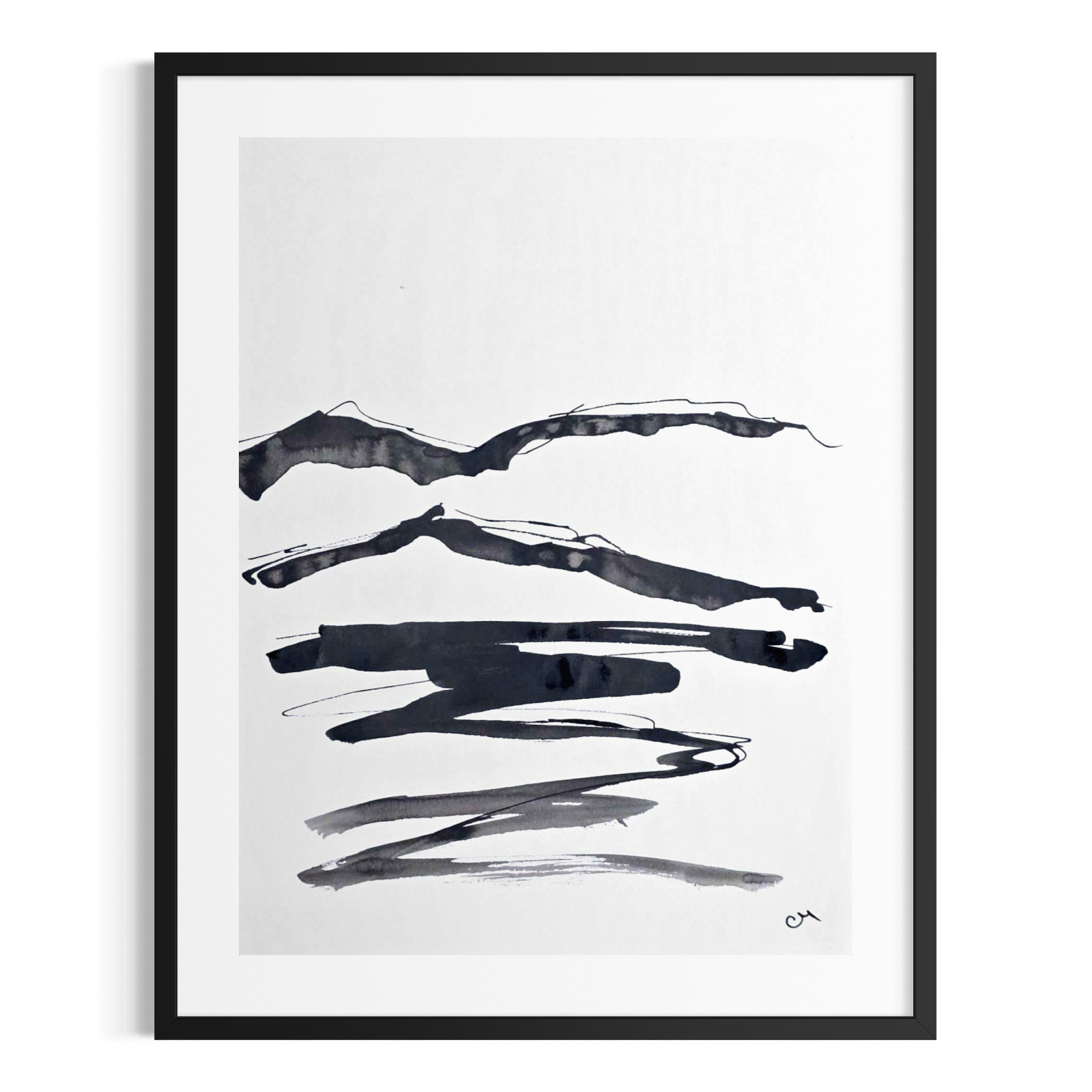 Original Abstract 9x12 Landscape Acrylic Painting Paper Signed Black White