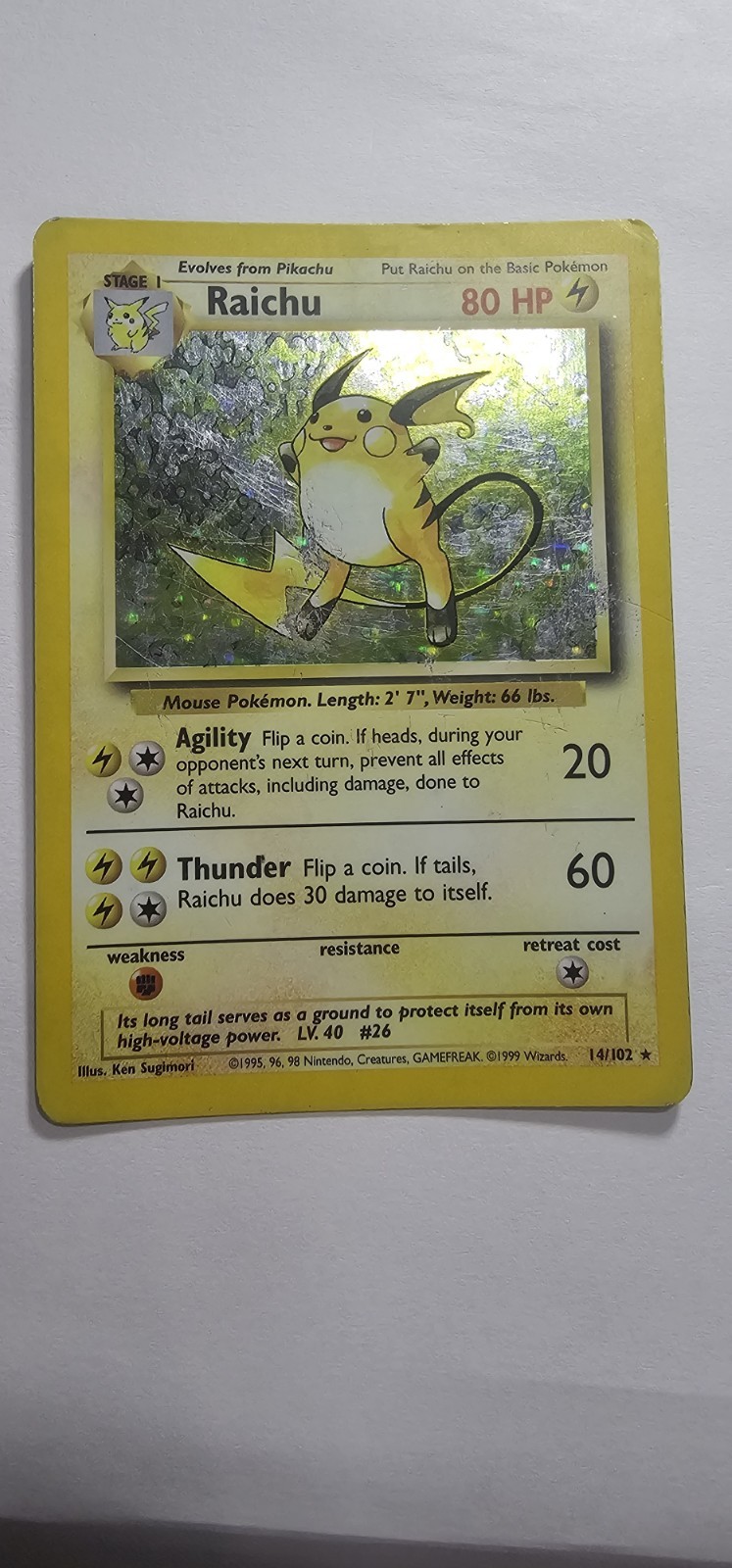 Raichu pokemon Base set holo 14/102 1995