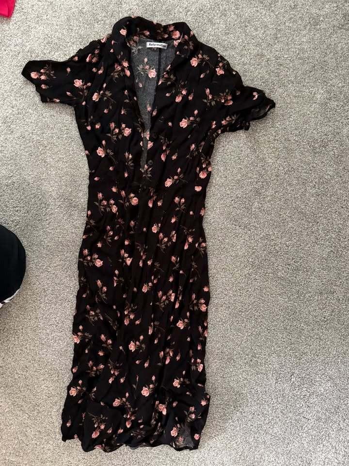 Reformation Black Rose Print Midi Dress - Size 6