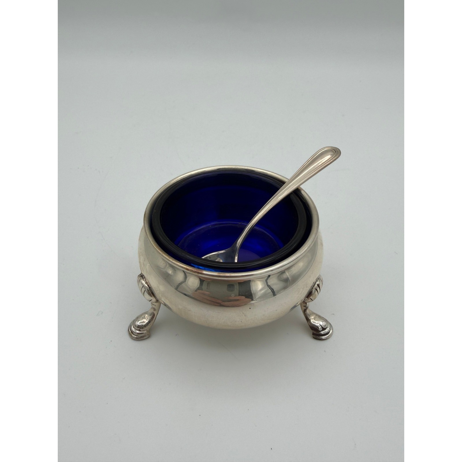 Antique Sterling Silver Salt Cellar with Cobalt Blue Glass Liner and Spoon 38g