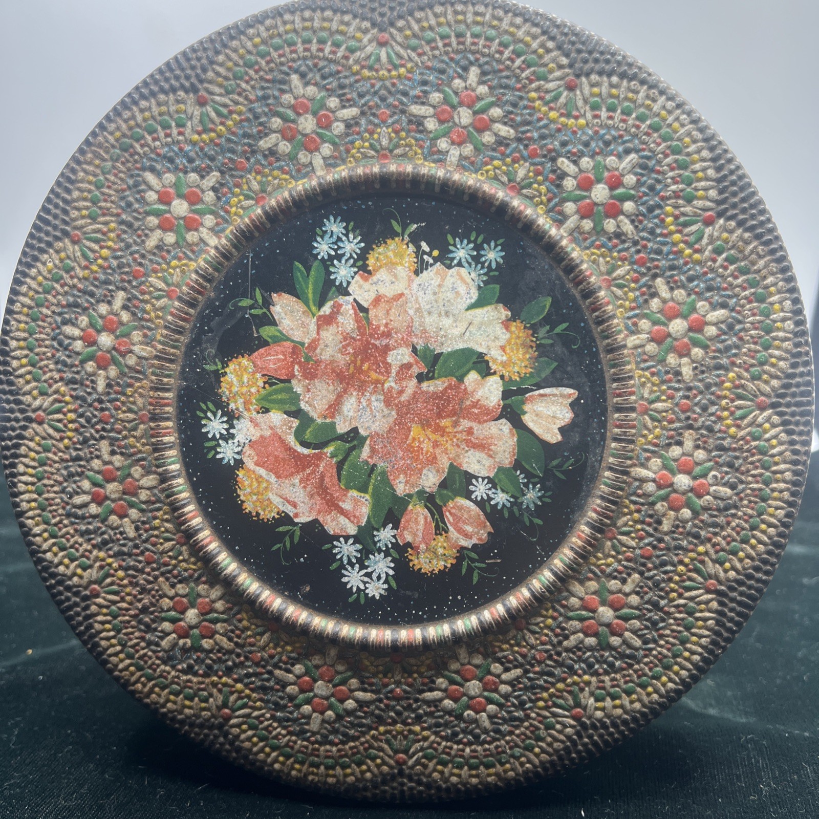 Vintage Mosaic Look Floral Embossed Dutch Metal Cookie Tin made in Holland 10”