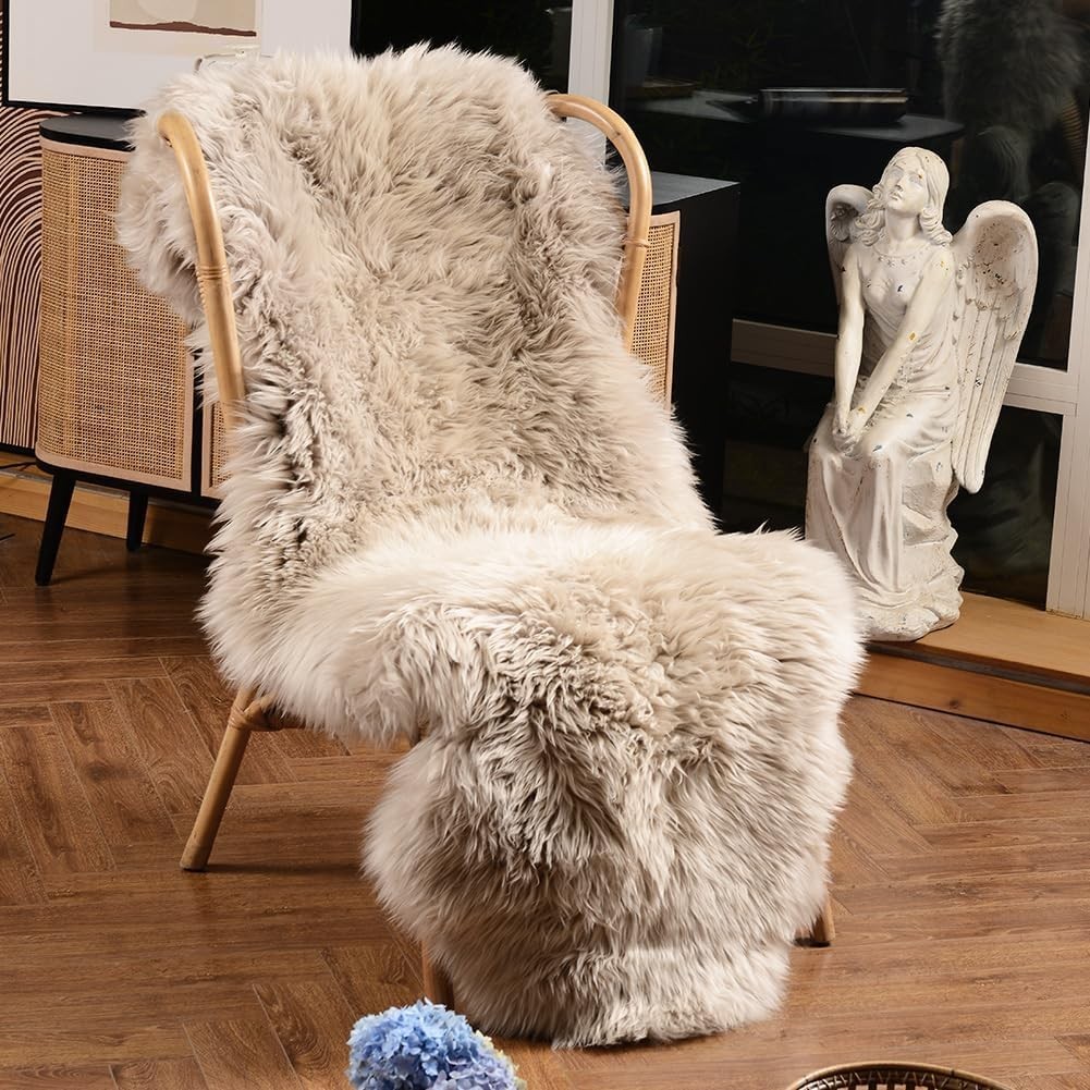 🐑 Genuine Sheepskin Area Rug 2x6FT Cream Brown Wool Fur Shaggy Carpet