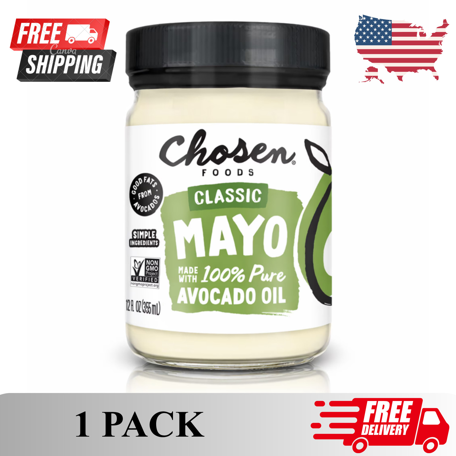 Chosen Foods 100% pure Avocado oil Classic Mayo 12 fl Oz Jar...