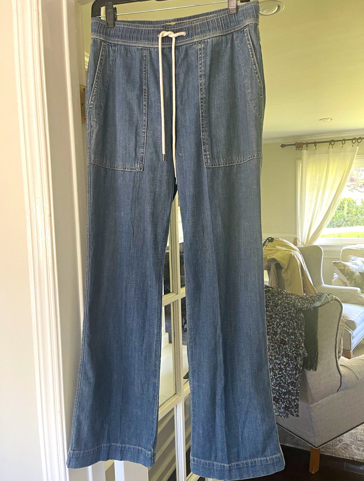 Nordstrom Women\'s Denim Jeans Medium Wash Drawstring Pockets Solid Blue nwt $139