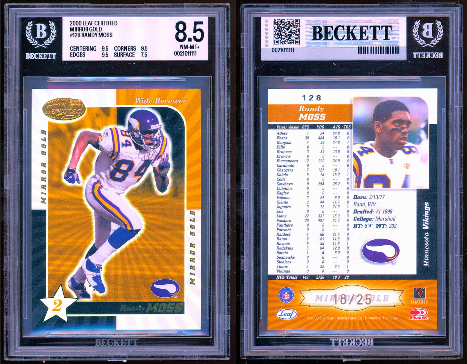 2000 Leaf Certified Mirror Gold /25 Randy Moss BGS 8.5 HOF GOAT Vikings