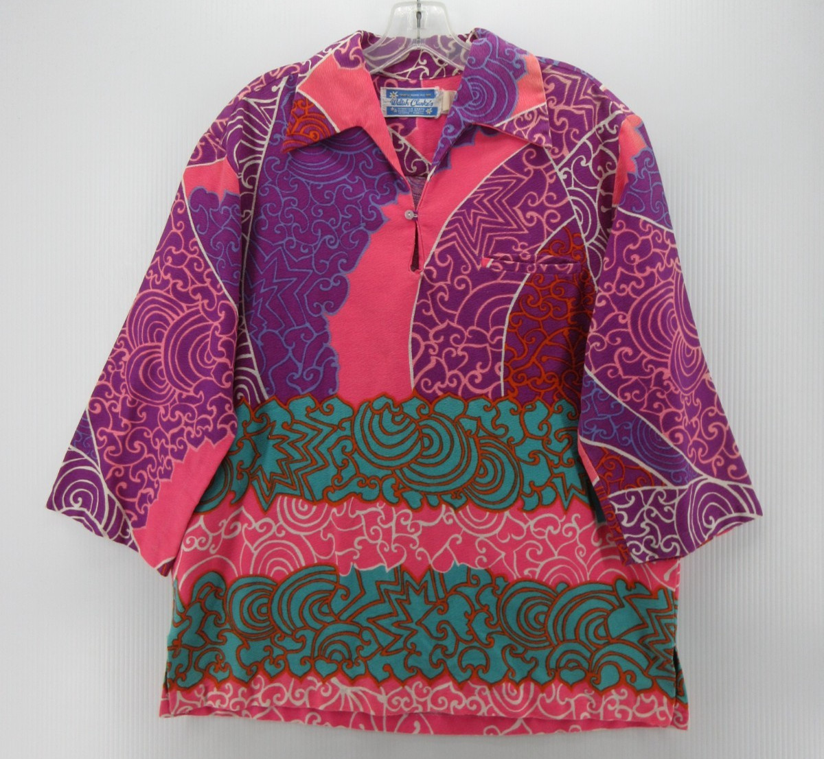 VINTAGE Waltah Clarkes Top Women XL Purple Hawaiian Popover 70s Psychedelic Mod