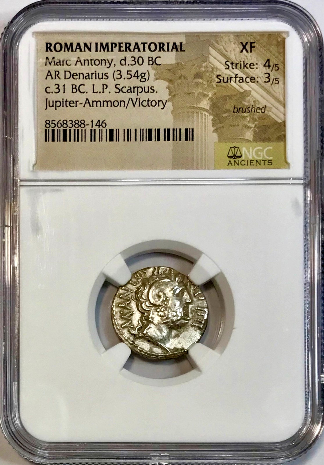 32-31 BC Marc Antony Ancient Roman Silver Denarius Coin Horn Of Ammon NGC XF
