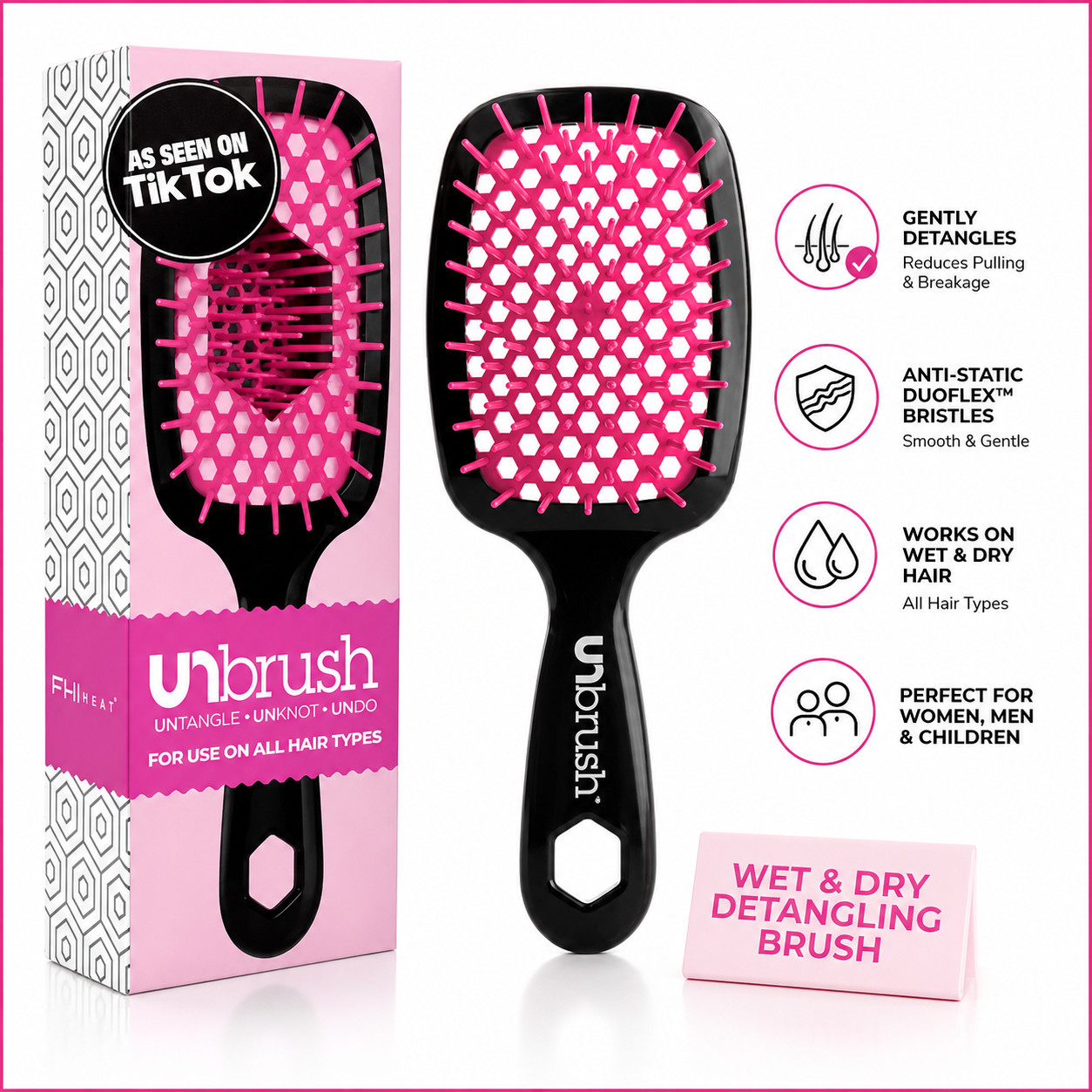 FHI Heat UNbrush Detangling Brush Wet Dry Hair Anti-Static Bristles Black Pink